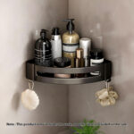 2-SOGA Black Wall-Mounted Triangular Bathroom Storage Corner Vanity Organiser Space Saving Adhesive Shelf Rack with Hooks