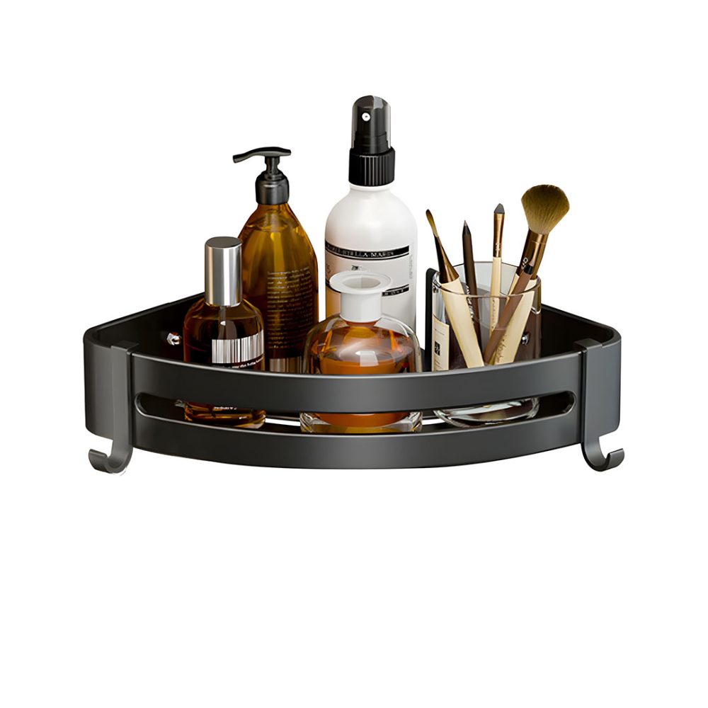 1-SOGA Black Wall-Mounted Triangular Bathroom Storage Corner Vanity Organiser Space Saving Adhesive Shelf Rack with Hooks