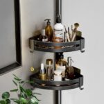 3-SOGA Black Wall-Mounted Triangular Bathroom Storage Corner Vanity Organiser Space Saving Adhesive Shelf Rack with Hooks