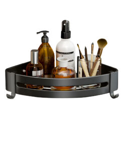 1-SOGA Black Wall-Mounted Triangular Bathroom Storage Corner Vanity Organiser Space Saving Adhesive Shelf Rack with Hooks