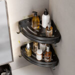 4-SOGA Black Wall-Mounted Triangular Bathroom Storage Corner Vanity Organiser Space Saving Adhesive Shelf Rack with Hooks