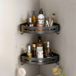 6-SOGA Black Wall-Mounted Triangular Bathroom Storage Corner Vanity Organiser Space Saving Adhesive Shelf Rack with Hooks