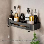 2-SOGA Black Wall-Mounted Rectangular Bathroom Storage Organiser Space Saving Adhesive Shelf Rack with Hooks