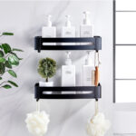 3-SOGA Black Wall-Mounted Rectangular Bathroom Storage Organiser Space Saving Adhesive Shelf Rack with Hooks