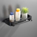 4-SOGA Black Wall-Mounted Rectangular Bathroom Storage Organiser Space Saving Adhesive Shelf Rack with Hooks