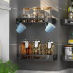 5-SOGA Black Wall-Mounted Rectangular Bathroom Storage Organiser Space Saving Adhesive Shelf Rack with Hooks
