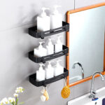7-SOGA Black Wall-Mounted Rectangular Bathroom Storage Organiser Space Saving Adhesive Shelf Rack with Hooks