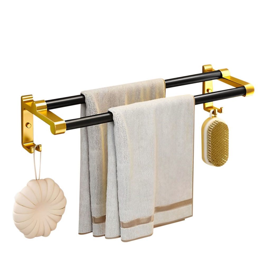 1-SOGA 61cm Wall-Mounted Double Pole Towel Holder Bathroom Organiser Rail Hanger with Hooks