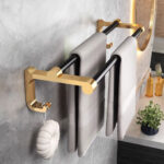 3-SOGA 61cm Wall-Mounted Double Pole Towel Holder Bathroom Organiser Rail Hanger with Hooks