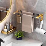 4-SOGA 61cm Wall-Mounted Double Pole Towel Holder Bathroom Organiser Rail Hanger with Hooks