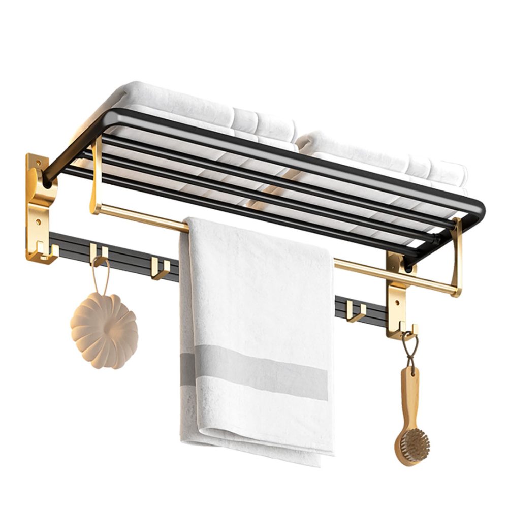 1-SOGA 63cm Wall-Mounted Double Pole Towel Holder Bathroom Organiser Rail Hanger with Hooks