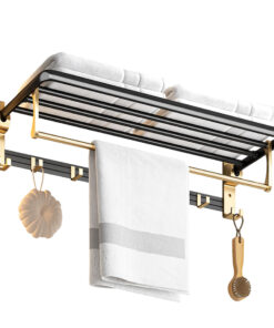 1-SOGA 63cm Wall-Mounted Double Pole Towel Holder Bathroom Organiser Rail Hanger with Hooks