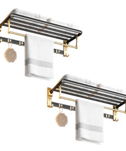 1-SOGA 2X 63cm Wall-Mounted Double Pole Towel Holder Bathroom Organiser Rail Hanger with Hooks