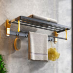 4-SOGA 2X 63cm Wall-Mounted Double Pole Towel Holder Bathroom Organiser Rail Hanger with Hooks