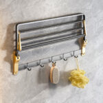 5-SOGA 2X 63cm Wall-Mounted Double Pole Towel Holder Bathroom Organiser Rail Hanger with Hooks