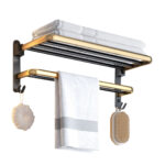 1-SOGA 62cm Wall-Mounted Double Pole Towel Holder Bathroom Organiser Rail Hanger with Hooks