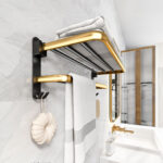 3-SOGA 62cm Wall-Mounted Double Pole Towel Holder Bathroom Organiser Rail Hanger with Hooks