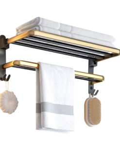 1-SOGA 62cm Wall-Mounted Double Pole Towel Holder Bathroom Organiser Rail Hanger with Hooks