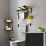 4-SOGA 62cm Wall-Mounted Double Pole Towel Holder Bathroom Organiser Rail Hanger with Hooks