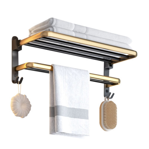 1-SOGA 62cm Wall-Mounted Double Pole Towel Holder Bathroom Organiser Rail Hanger with Hooks