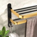 8-SOGA 62cm Wall-Mounted Double Pole Towel Holder Bathroom Organiser Rail Hanger with Hooks