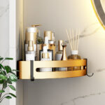 3-SOGA Gold Wall-Mounted Triangular Bathroom Storage Corner Vanity Organiser Space Saving Adhesive Shelf Rack with Hooks