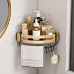 4-SOGA Gold Wall-Mounted Triangular Bathroom Storage Corner Vanity Organiser Space Saving Adhesive Shelf Rack with Hooks