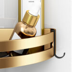 7-SOGA Gold Wall-Mounted Triangular Bathroom Storage Corner Vanity Organiser Space Saving Adhesive Shelf Rack with Hooks