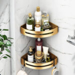 8-SOGA Gold Wall-Mounted Triangular Bathroom Storage Corner Vanity Organiser Space Saving Adhesive Shelf Rack with Hooks
