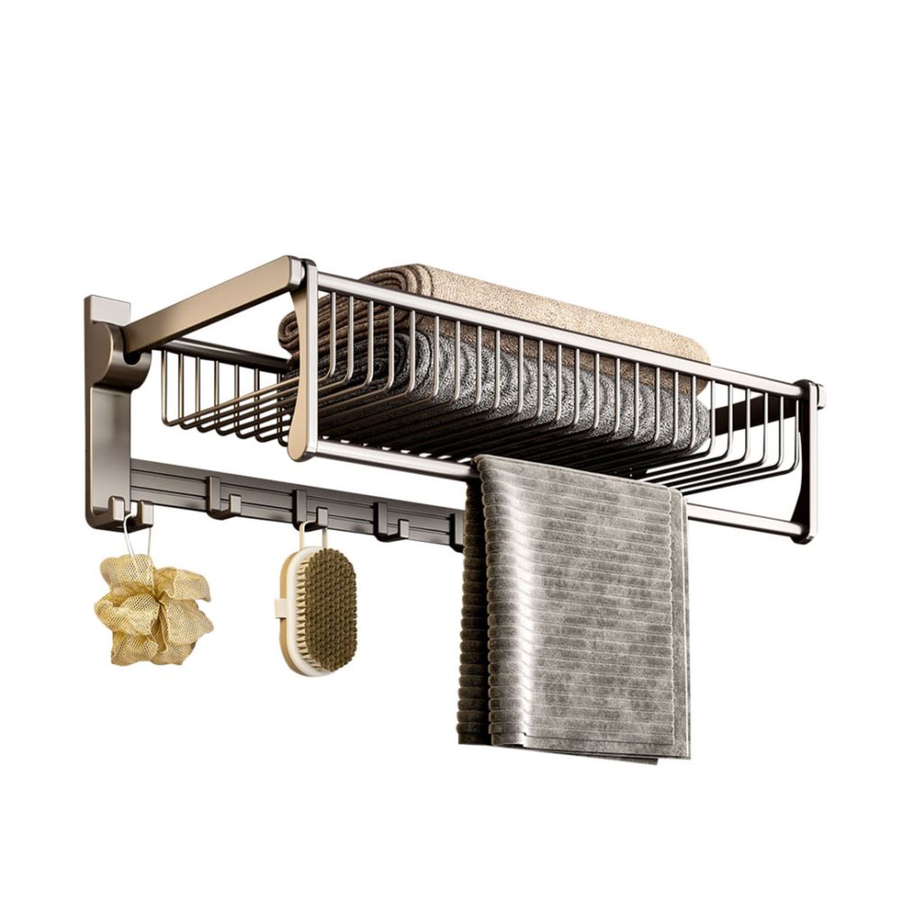 1-SOGA 50cm Wall-Mounted Double Pole Towel Holder Bathroom Organiser Rail Hanger with Hooks