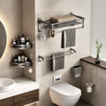 3-SOGA 50cm Wall-Mounted Double Pole Towel Holder Bathroom Organiser Rail Hanger with Hooks