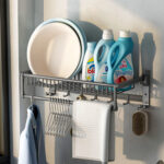 8-SOGA 50cm Wall-Mounted Double Pole Towel Holder Bathroom Organiser Rail Hanger with Hooks