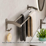 2-SOGA 62cm Gray Wall-Mounted Double Pole Towel Holder Bathroom Organiser Rail Hanger with Hooks