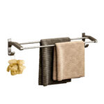 1-SOGA 62cm Gray Wall-Mounted Double Pole Towel Holder Bathroom Organiser Rail Hanger with Hooks