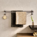 3-SOGA 62cm Gray Wall-Mounted Double Pole Towel Holder Bathroom Organiser Rail Hanger with Hooks