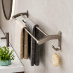 4-SOGA 62cm Gray Wall-Mounted Double Pole Towel Holder Bathroom Organiser Rail Hanger with Hooks