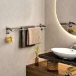 5-SOGA 62cm Gray Wall-Mounted Double Pole Towel Holder Bathroom Organiser Rail Hanger with Hooks