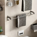 8-SOGA 62cm Gray Wall-Mounted Double Pole Towel Holder Bathroom Organiser Rail Hanger with Hooks