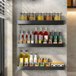 3-SOGA 30cm Black Wall-Mounted Rectangular Kitchen Spice Storage Organiser Space Saving Condiments Shelf Rack