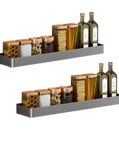 1-SOGA 2X 30cm Black Wall-Mounted Rectangular Kitchen Spice Storage Organiser Space Saving Condiments Shelf Rack