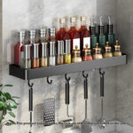 2-SOGA 40cm Black Wall-Mounted Rectangular Kitchen Spice Storage Organiser Space Saving Condiments Shelf Rack with Hooks