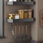 3-SOGA 40cm Black Wall-Mounted Rectangular Kitchen Spice Storage Organiser Space Saving Condiments Shelf Rack with Hooks