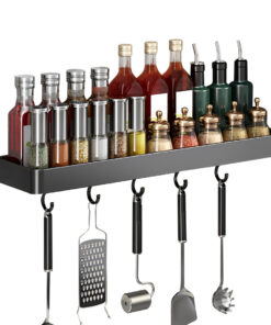 1-SOGA 40cm Black Wall-Mounted Rectangular Kitchen Spice Storage Organiser Space Saving Condiments Shelf Rack with Hooks
