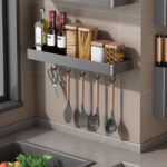 4-SOGA 40cm Black Wall-Mounted Rectangular Kitchen Spice Storage Organiser Space Saving Condiments Shelf Rack with Hooks