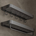 5-SOGA 40cm Black Wall-Mounted Rectangular Kitchen Spice Storage Organiser Space Saving Condiments Shelf Rack with Hooks