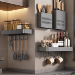 7-SOGA 40cm Black Wall-Mounted Rectangular Kitchen Spice Storage Organiser Space Saving Condiments Shelf Rack with Hooks