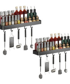 1-SOGA 2X 40cm Black Wall-Mounted Rectangular Kitchen Spice Storage Organiser Space Saving Condiments Shelf Rack with Hooks