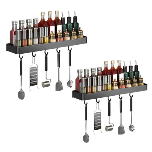 1-SOGA 2X 40cm Black Wall-Mounted Rectangular Kitchen Spice Storage Organiser Space Saving Condiments Shelf Rack with Hooks