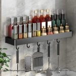 2-SOGA 50cm Black Wall-Mounted Rectangular Kitchen Spice Storage Organiser Space Saving Condiments Shelf Rack with Hooks