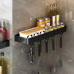 3-SOGA 50cm Black Wall-Mounted Rectangular Kitchen Spice Storage Organiser Space Saving Condiments Shelf Rack with Hooks
